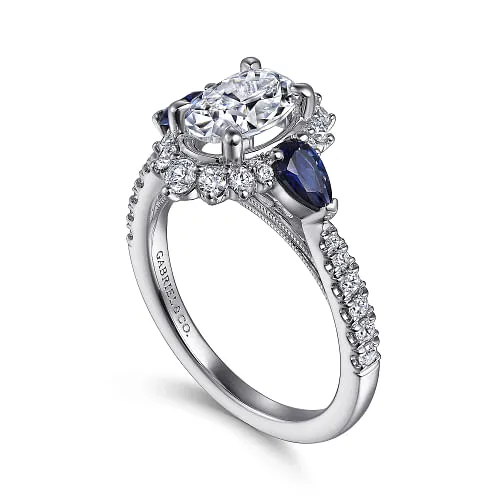 June - 14K White Gold Fancy Three Stone Halo Sapphire and Diamond Engagement Ring