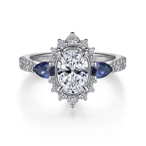 June - 14K White Gold Fancy Three Stone Halo Sapphire and Diamond Engagement Ring