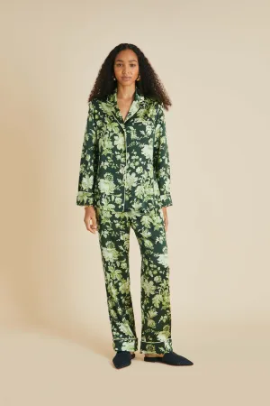 Lila Ares Green Floral Pyjamas in Silk Satin