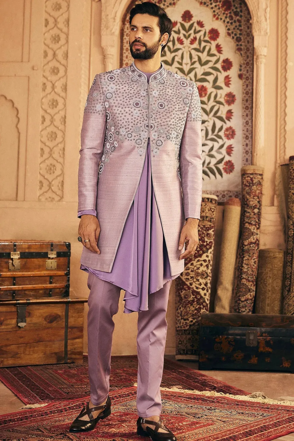 Lilac Embroidered Raw Silk Indowestern  Set