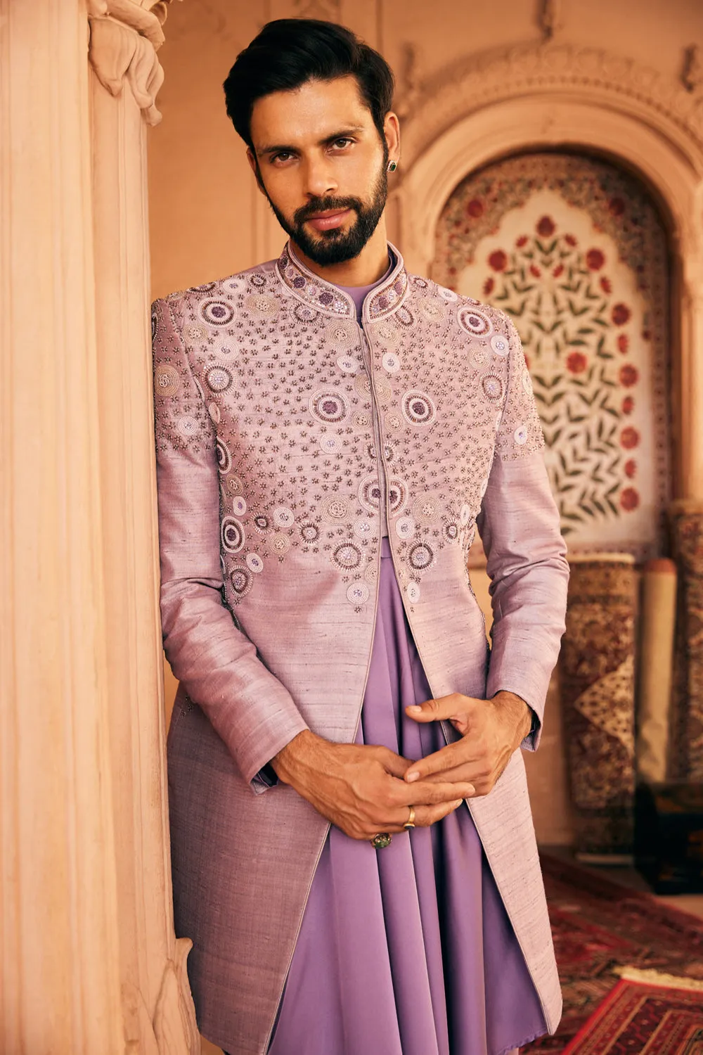 Lilac Embroidered Raw Silk Indowestern  Set