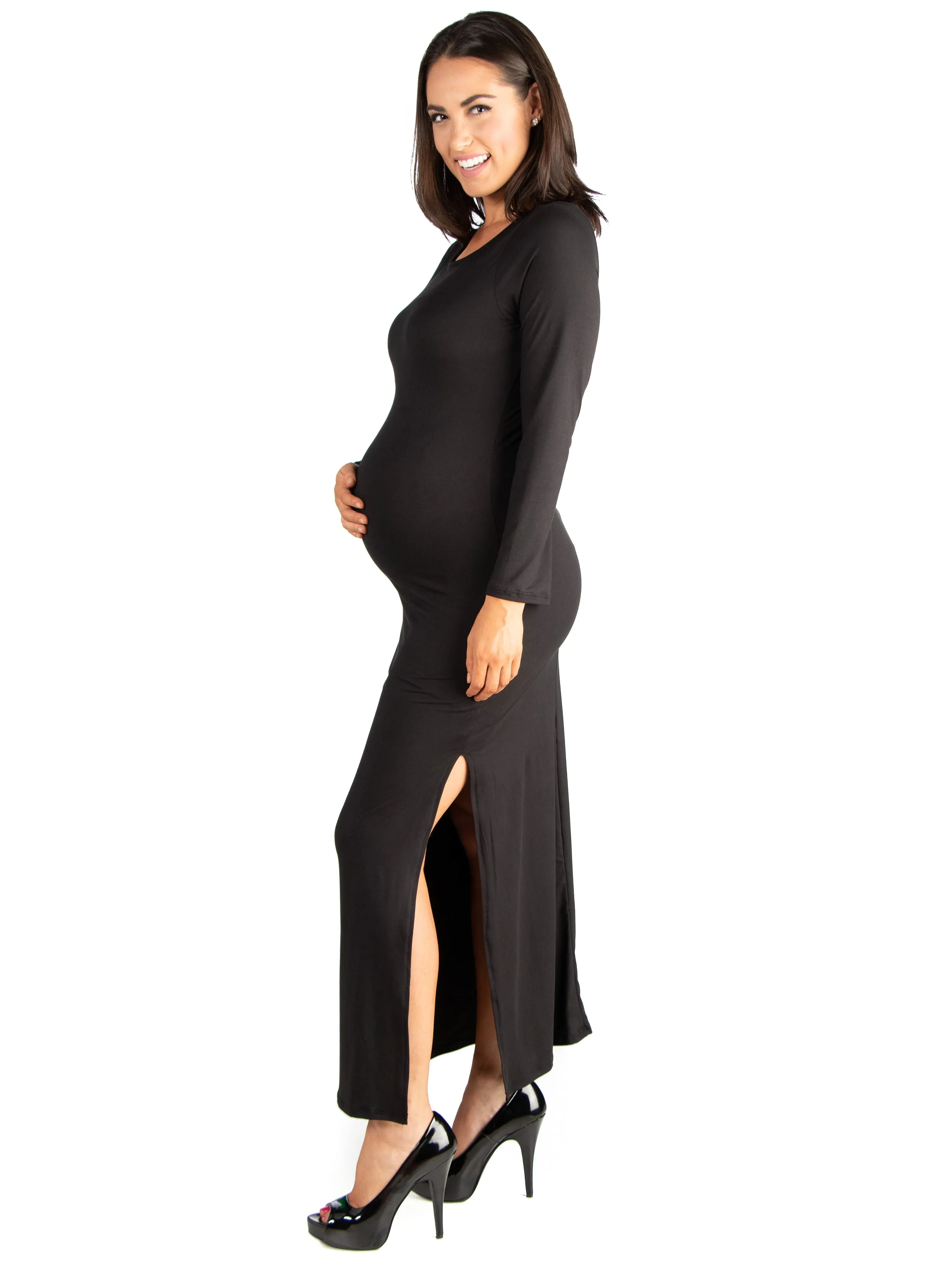 Long Sleeve Side Slit  Maternity Maxi Dress