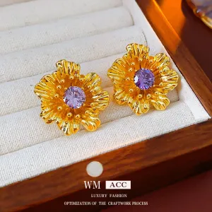 Luxurious Flower Geometric Flower Copper Zircon Inlay Earrings