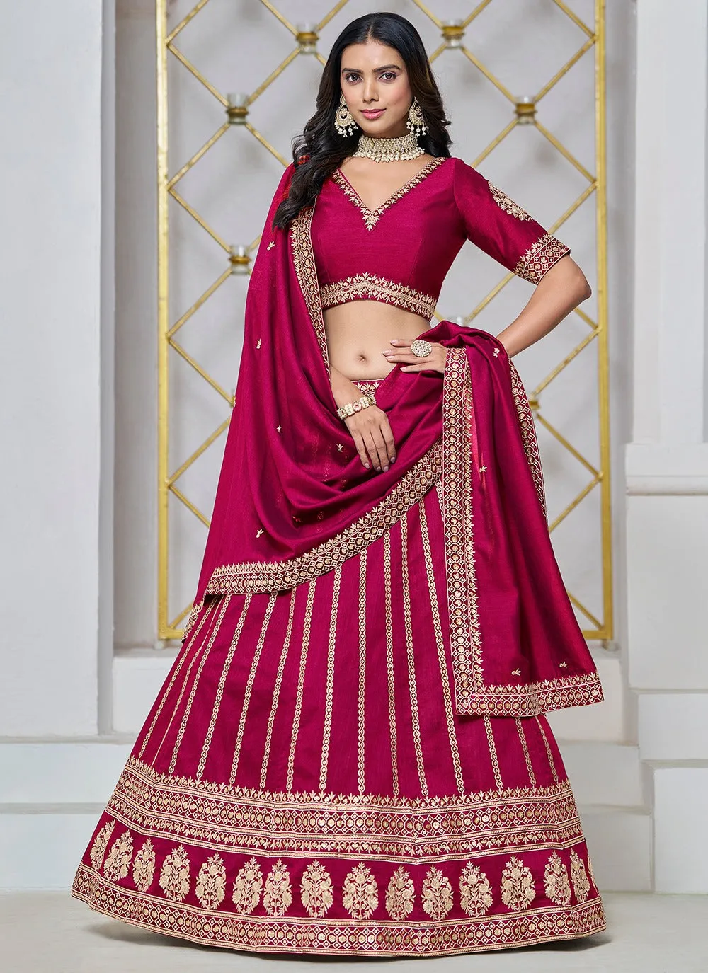 Luxurious Pink Art Silk Sequined Embroidered Lehenga Choli