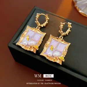 Luxurious Quadrilateral Geometric Leaf Artificial Pearl Electroplating Earrings