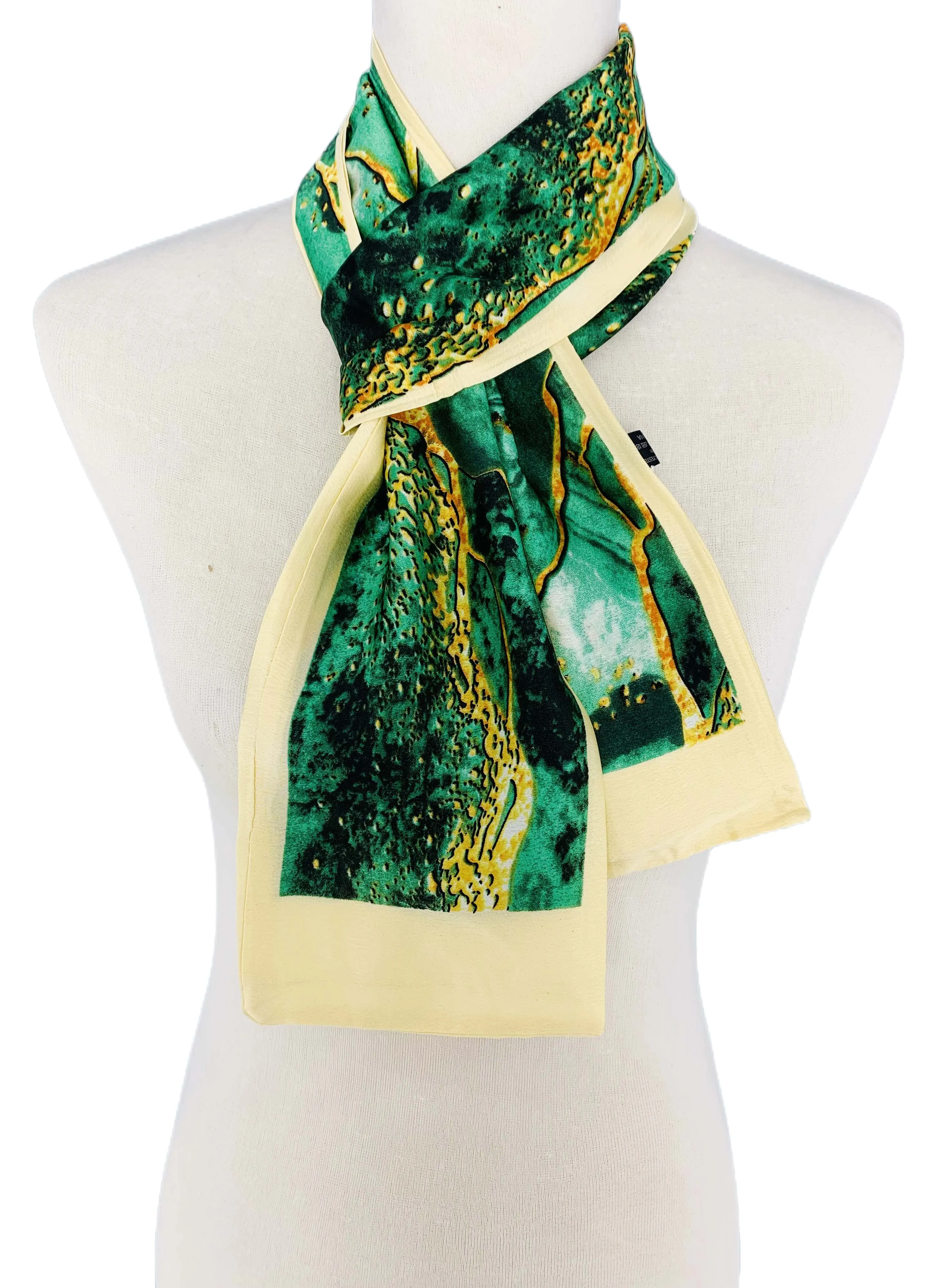 Luxurious Silk-Feel Narrow Scarf--Green Marble