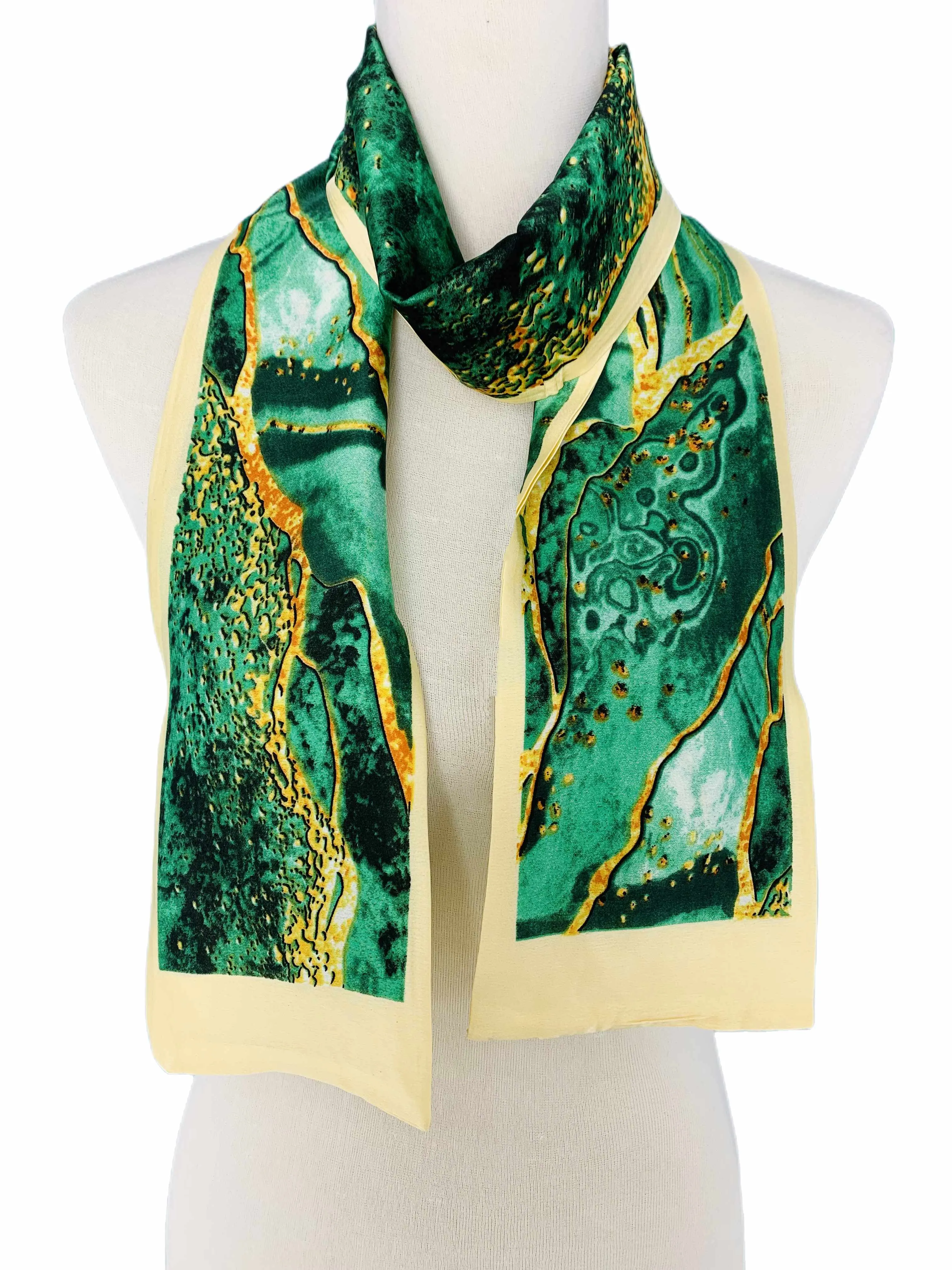 Luxurious Silk-Feel Narrow Scarf--Green Marble