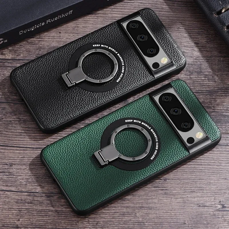 Magnetic Wireless Charging With Ring Holder Leather Phone Case For Google Pixel 8 7