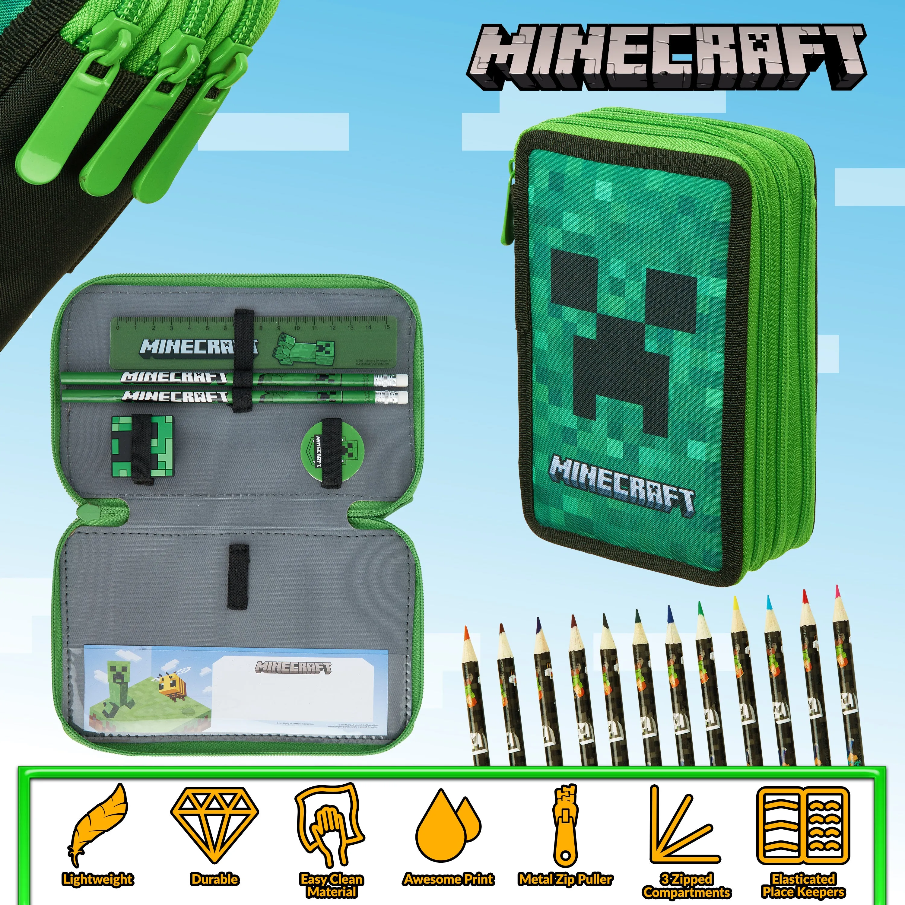 Minecraft Filled Pencil Case for Kids with Multiple Compartments, Stationery Included - School Supplies (Green Creeper)