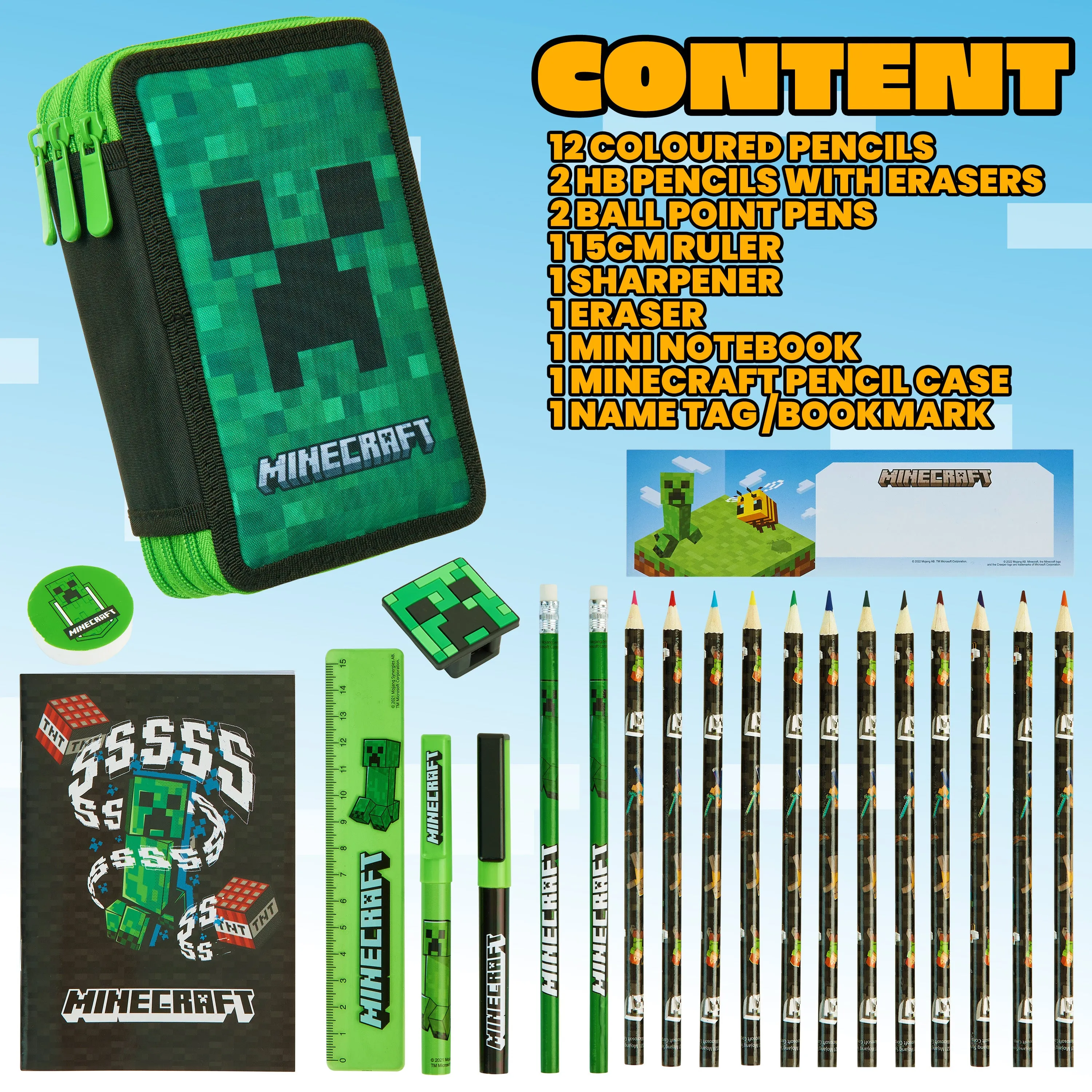 Minecraft Filled Pencil Case for Kids with Multiple Compartments, Stationery Included - School Supplies (Green Creeper)