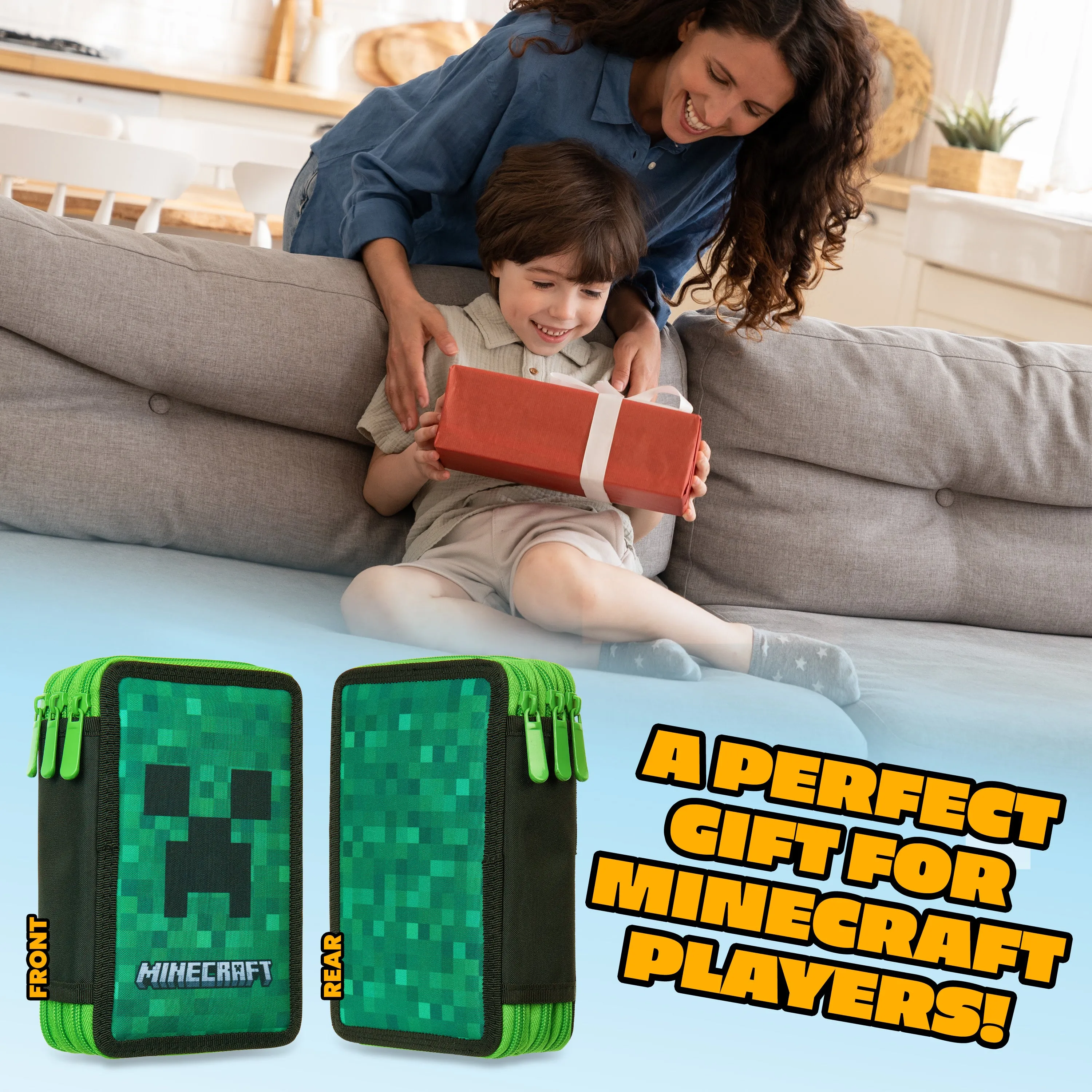 Minecraft Filled Pencil Case for Kids with Multiple Compartments, Stationery Included - School Supplies (Green Creeper)