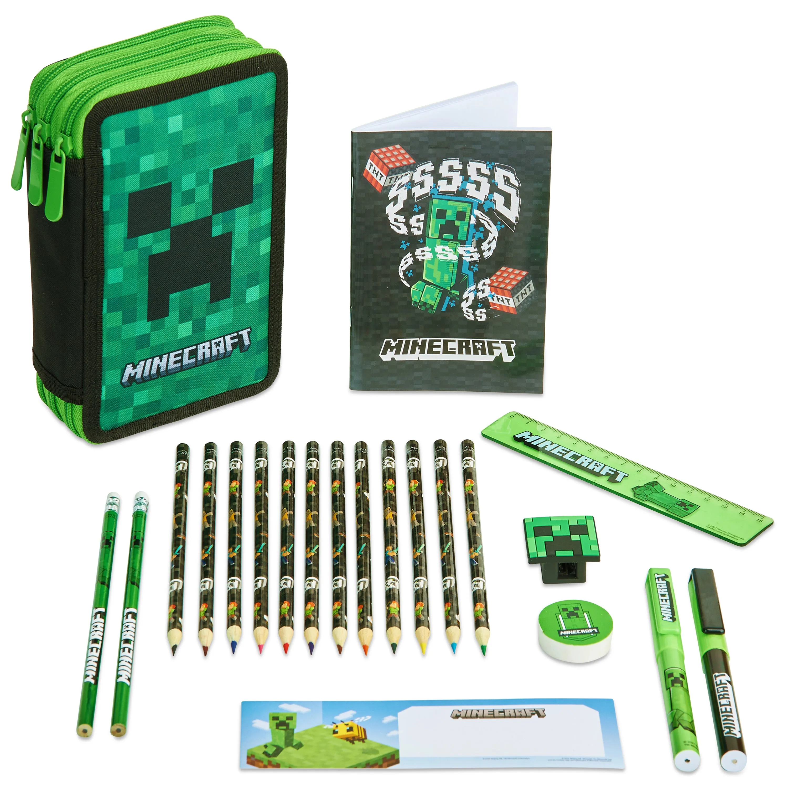 Minecraft Filled Pencil Case for Kids with Multiple Compartments, Stationery Included - School Supplies (Green Creeper)