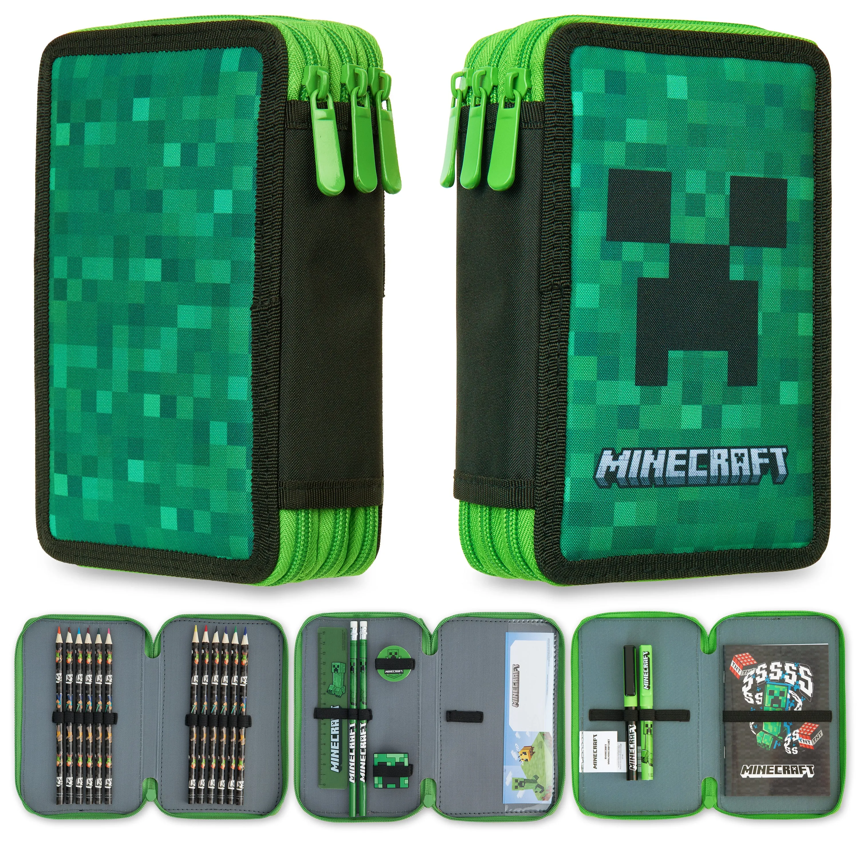 Minecraft Filled Pencil Case for Kids with Multiple Compartments, Stationery Included - School Supplies (Green Creeper)