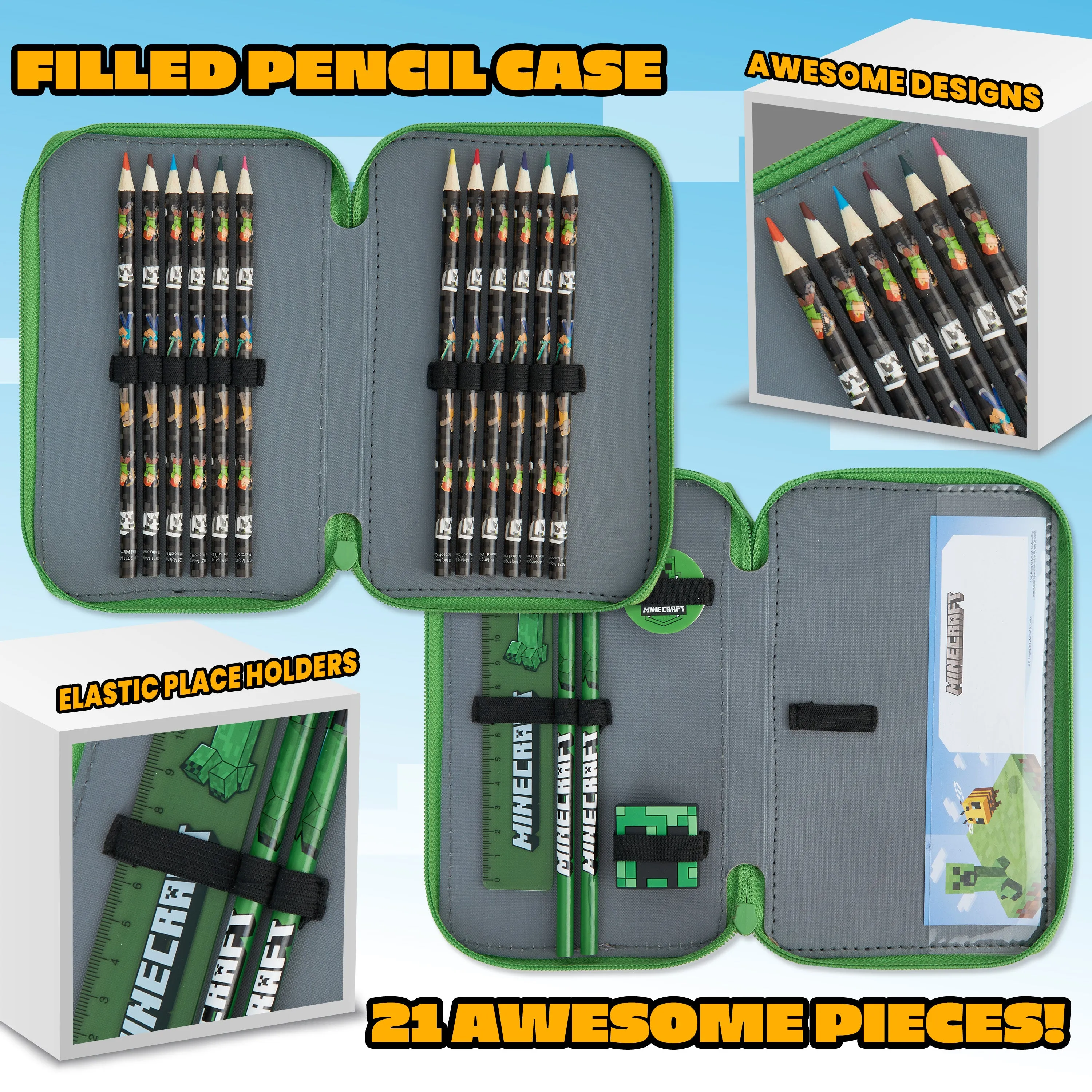 Minecraft Filled Pencil Case for Kids with Multiple Compartments, Stationery Included - School Supplies (Green Creeper)