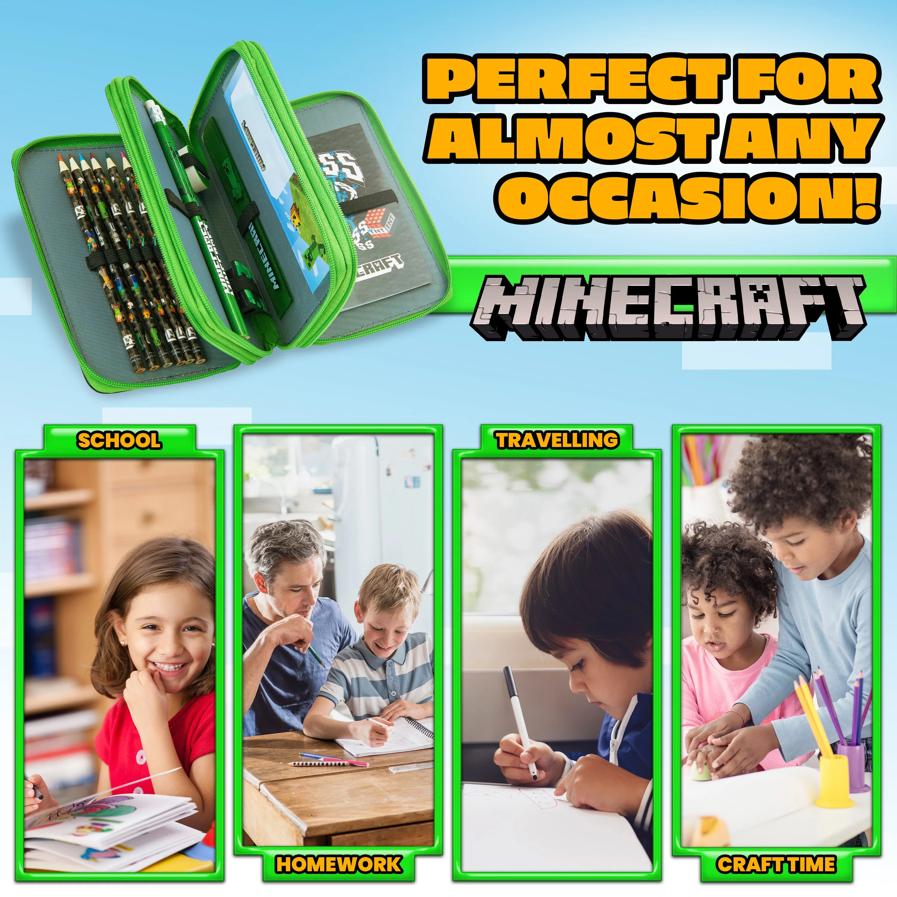 Minecraft Filled Pencil Case for Kids with Multiple Compartments, Stationery Included - School Supplies (Green Creeper)