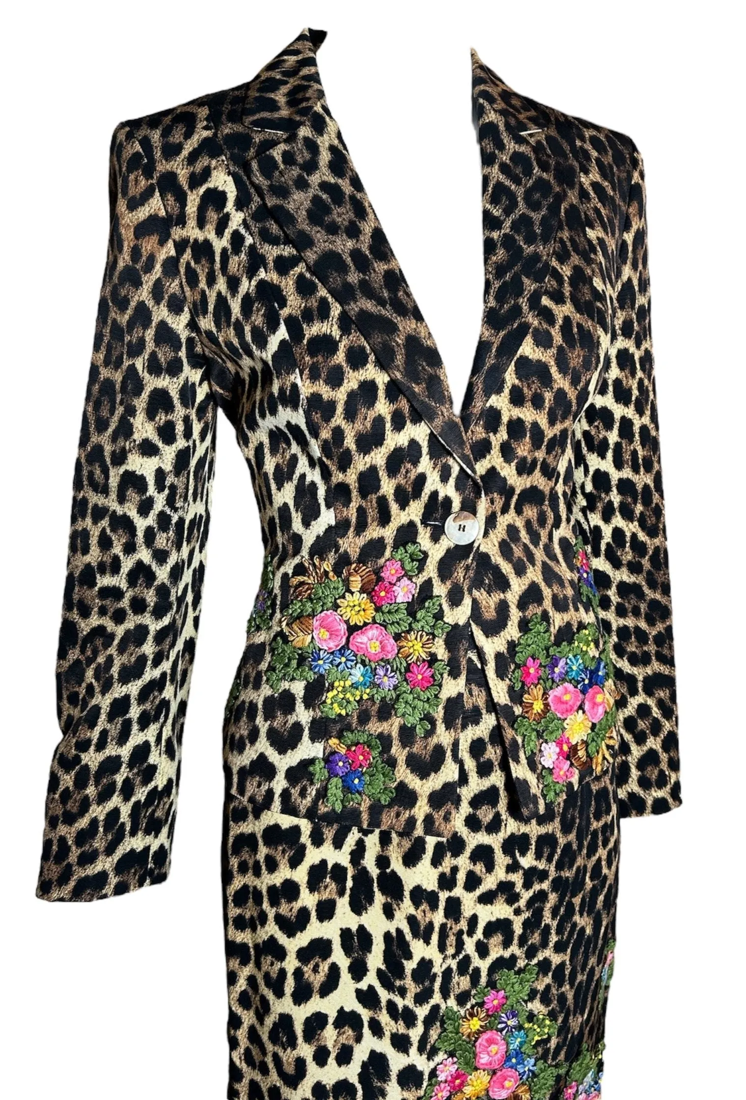 Moschino Cheap & Chic 90s/Y2K Leopard Print Suit with Embroidered Florals