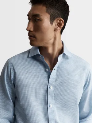 Non-Iron Light Blue Mini Gingham Poplin Slim Fit Single Cuff Classic Collar Shirt