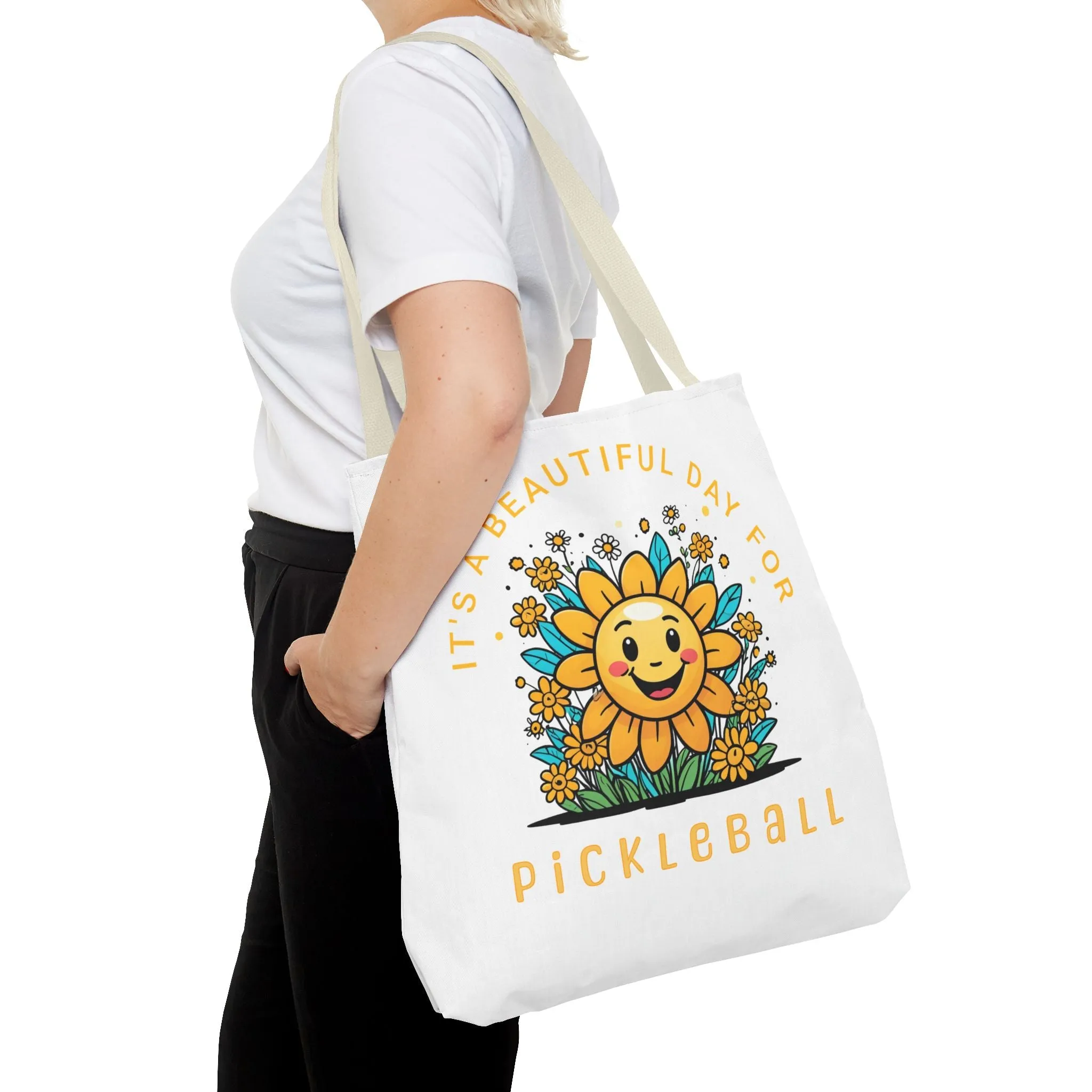 Pickleball Tote Bag, Sun and Flowers Design, Pickleball Player Gift, It's a Beautiful Day, Pickleball Lover, Reusable Shopping Bag, Cute