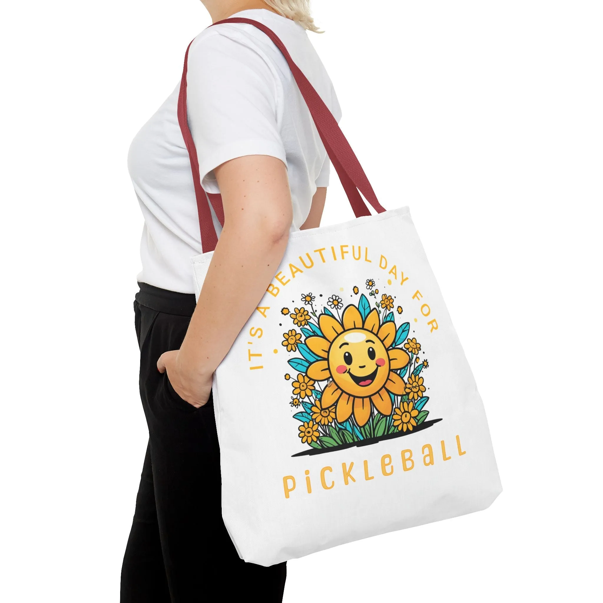 Pickleball Tote Bag, Sun and Flowers Design, Pickleball Player Gift, It's a Beautiful Day, Pickleball Lover, Reusable Shopping Bag, Cute