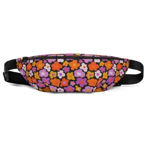 Pink Orange Floral Fanny Pack, Vintage Groovy 70s Flowers Waist Belt Bag Crossbody Women Men Hip Bum Festival Waterproof