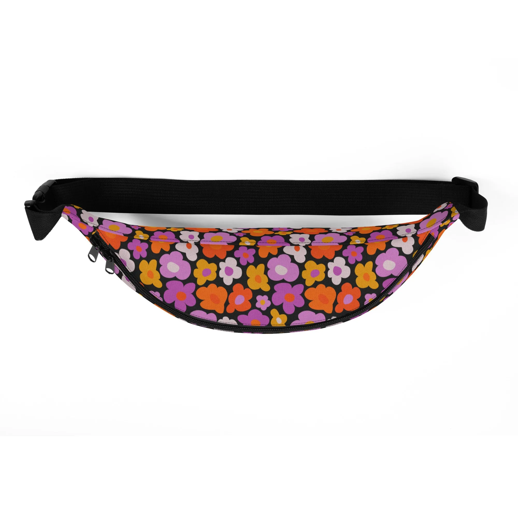 Pink Orange Floral Fanny Pack, Vintage Groovy 70s Flowers Waist Belt Bag Crossbody Women Men Hip Bum Festival Waterproof