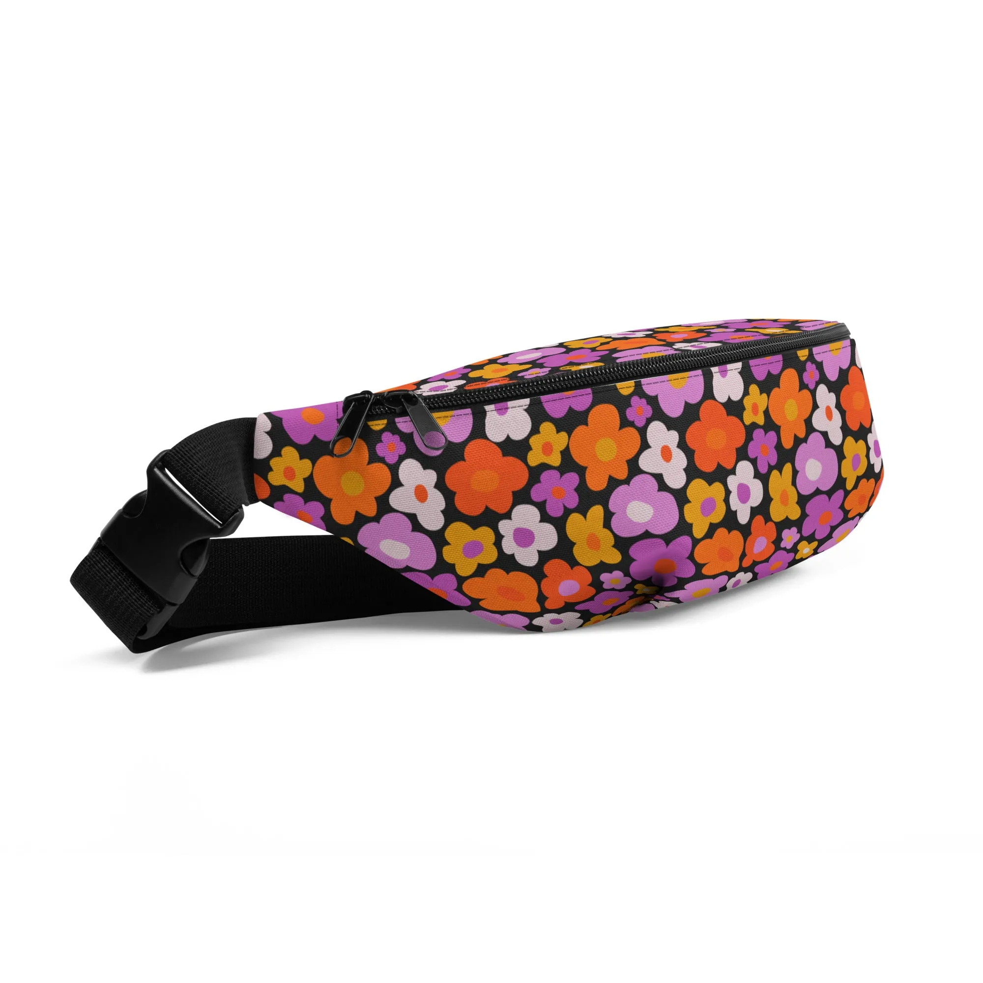 Pink Orange Floral Fanny Pack, Vintage Groovy 70s Flowers Waist Belt Bag Crossbody Women Men Hip Bum Festival Waterproof