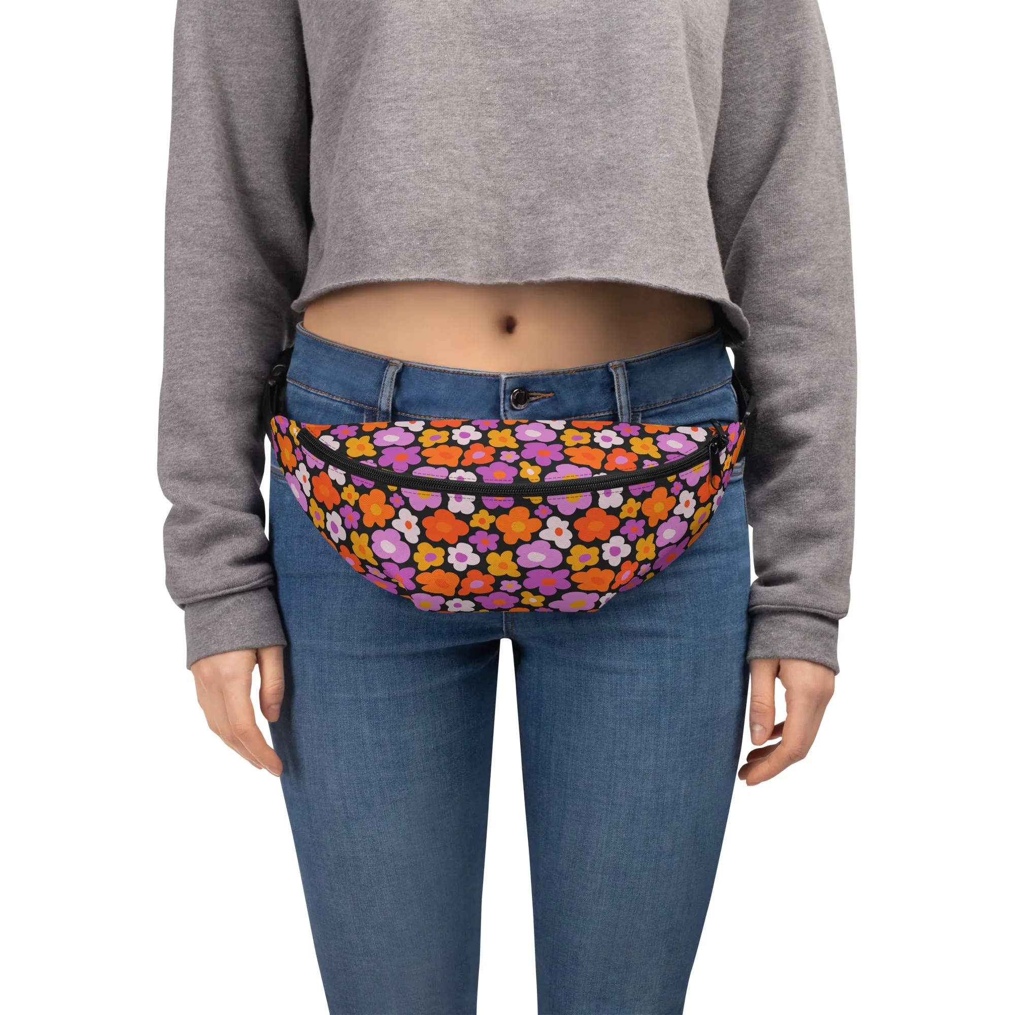 Pink Orange Floral Fanny Pack, Vintage Groovy 70s Flowers Waist Belt Bag Crossbody Women Men Hip Bum Festival Waterproof