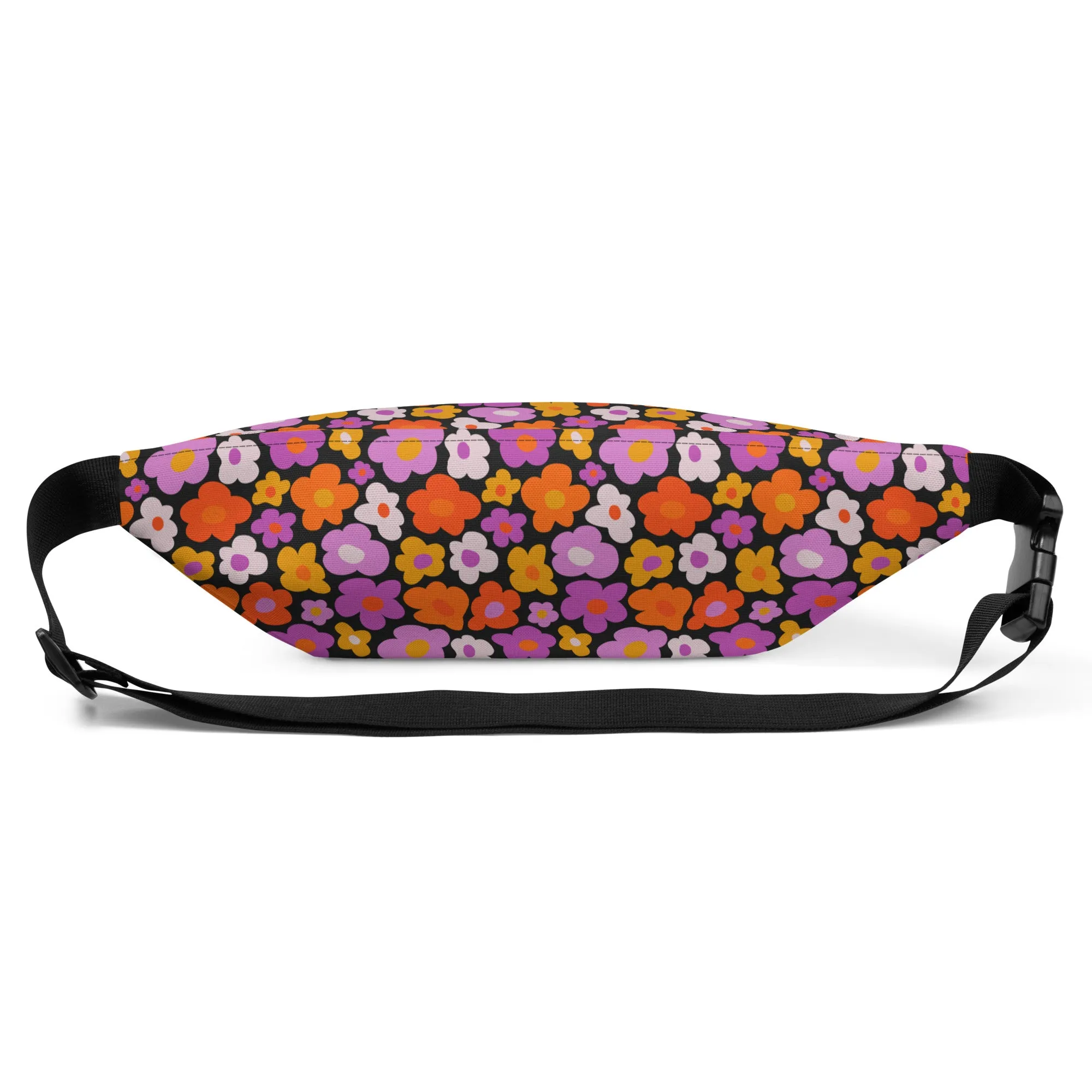 Pink Orange Floral Fanny Pack, Vintage Groovy 70s Flowers Waist Belt Bag Crossbody Women Men Hip Bum Festival Waterproof