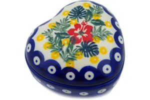 Polish Pottery 4" Heart Shaped Jar Tropical Peacock UNIKAT