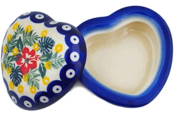 Polish Pottery 4" Heart Shaped Jar Tropical Peacock UNIKAT