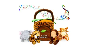 PRICE DROP: Hoovy 5-Piece Plush Jungle Animal Sounds Toy Set with Carrier | Stuffed Monkey, Giraffe, Tiger & Elephant - Ships Quick!