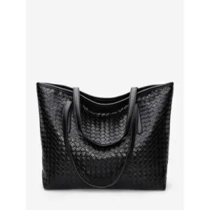 PU Leather Minimalist Braid Shoulder Bag - Black