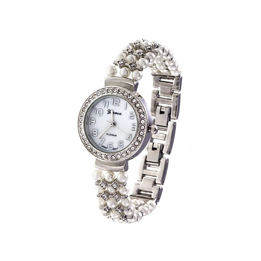 Rhodium & Pearl Accent Watch with Rhinestone Frame