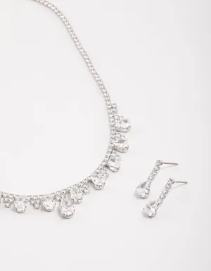 Rhodium Cubic Zirconia Cupchain Teardrop Earrings & Necklace Set