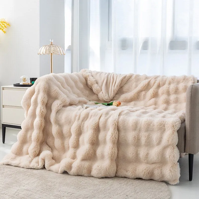 Ruched Luxurious Faux Fur Throw Blanket