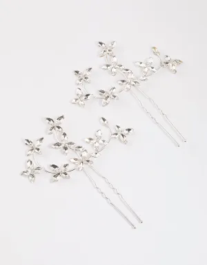 Silver Flower Leaf Diamante Hair Pin Pack