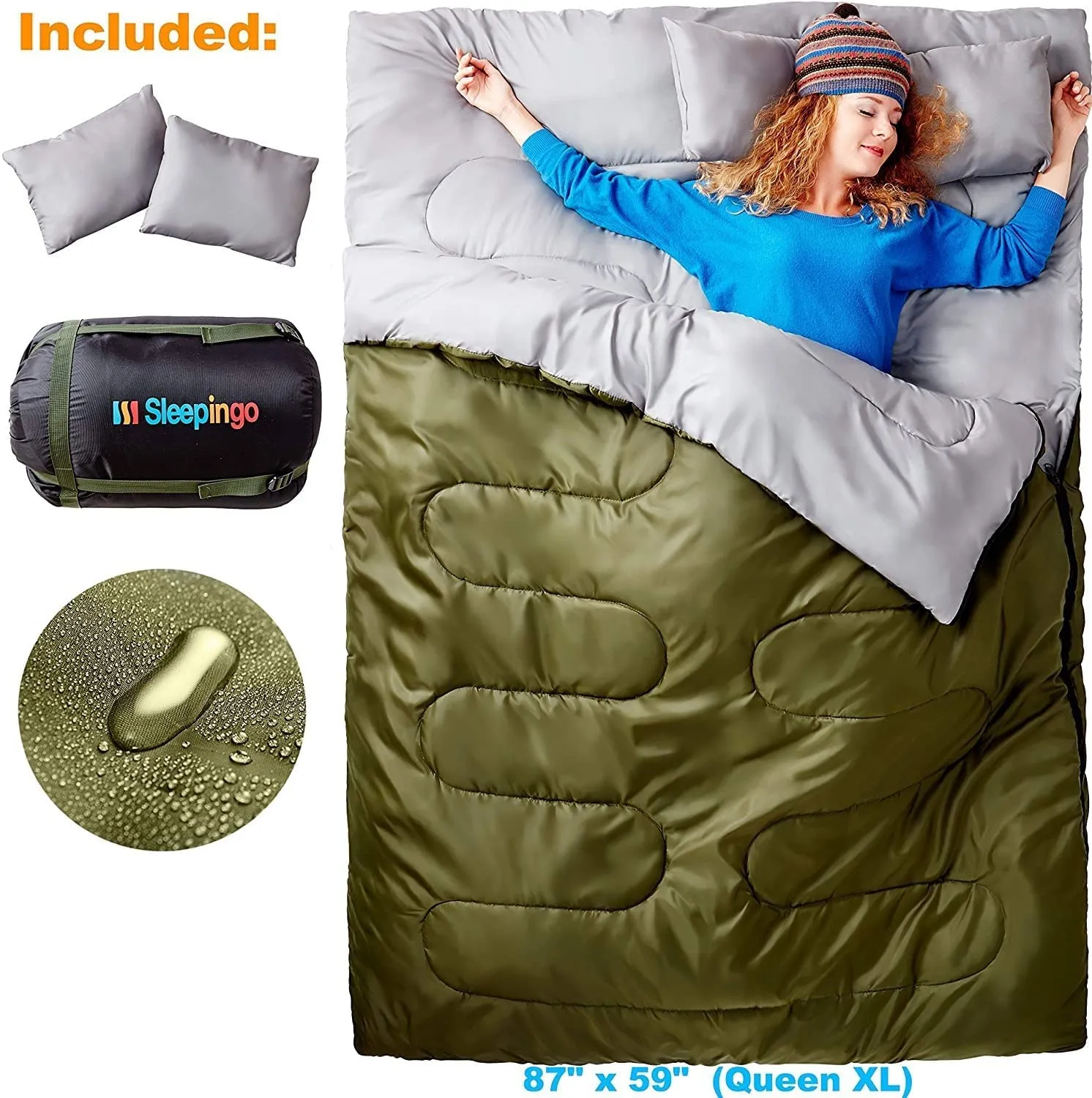 Sleepingo Double Sleeping Bag for Backpacking, Camping, or Hiking - Queen Size XL for 2 People, Cold Weather, Waterproof Sleeping Bag for Adults or Teens, Truck, Tent, or Sleeping Pad, Lightweight