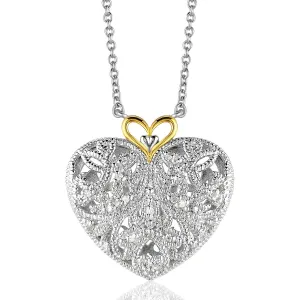 Sterling Silver 14k Yellow Gold Filigree Heart Pendant Diamond Accent