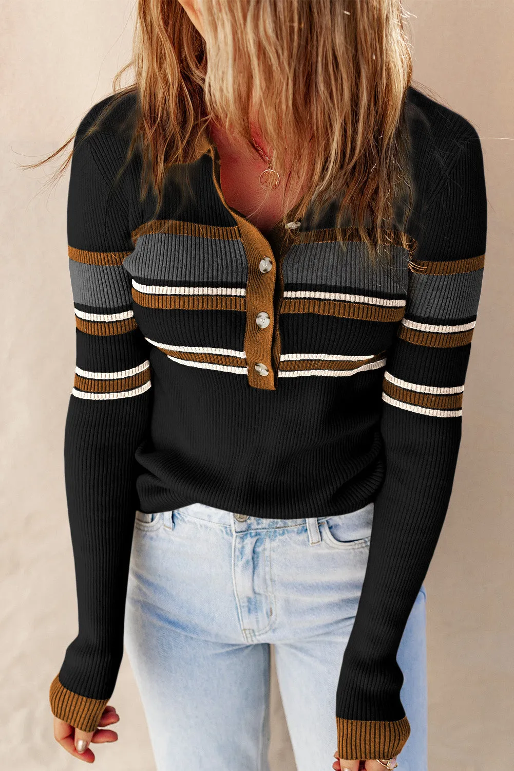 Stripe Ribbed Henley Collared Sweater