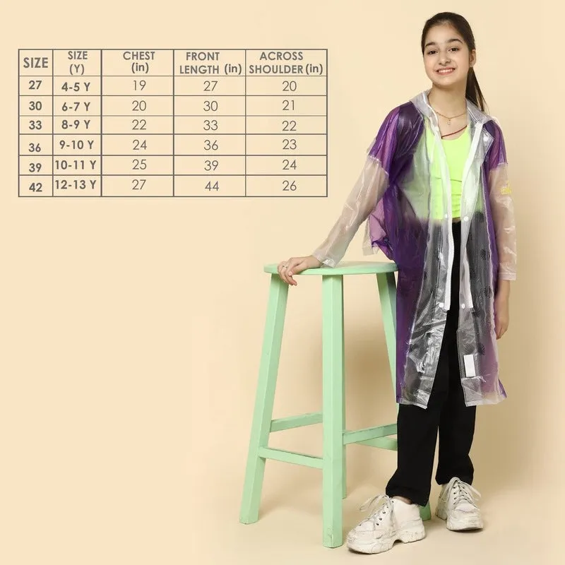 THE CLOWNFISH Laurel Series Kids Waterproof PVC Longcoat with Adjustable Hood & Extra Space for Backpack/Schoolbag Holding. Printed Plastic Pouch. Kid Age-12-13 years (Size-42-Purple)