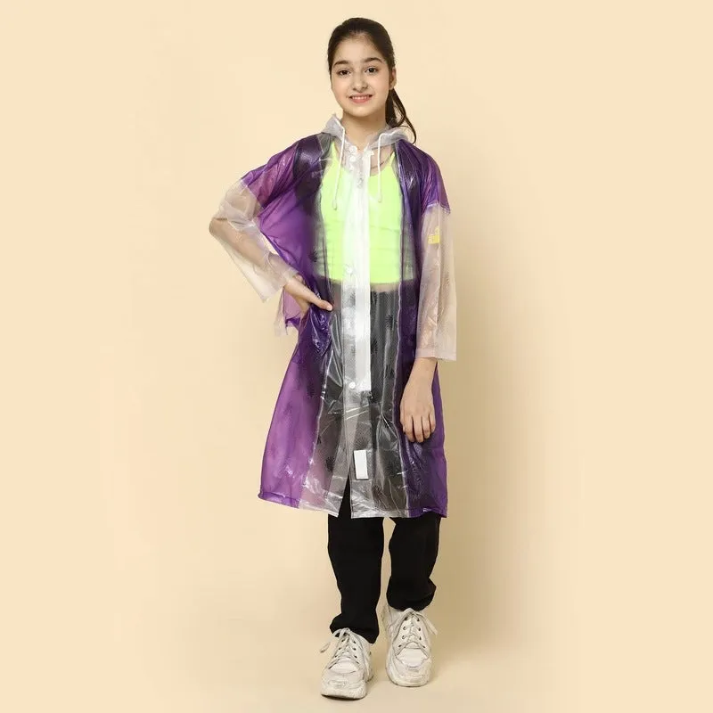 THE CLOWNFISH Laurel Series Kids Waterproof PVC Longcoat with Adjustable Hood & Extra Space for Backpack/Schoolbag Holding. Printed Plastic Pouch. Kid Age-12-13 years (Size-42-Purple)