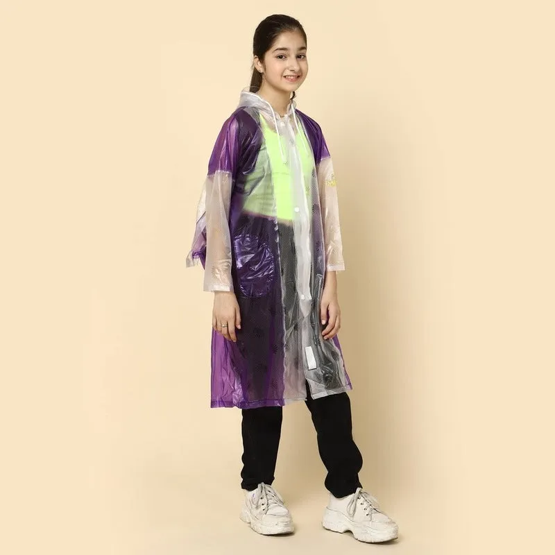 THE CLOWNFISH Laurel Series Kids Waterproof PVC Longcoat with Adjustable Hood & Extra Space for Backpack/Schoolbag Holding. Printed Plastic Pouch. Kid Age-12-13 years (Size-42-Purple)