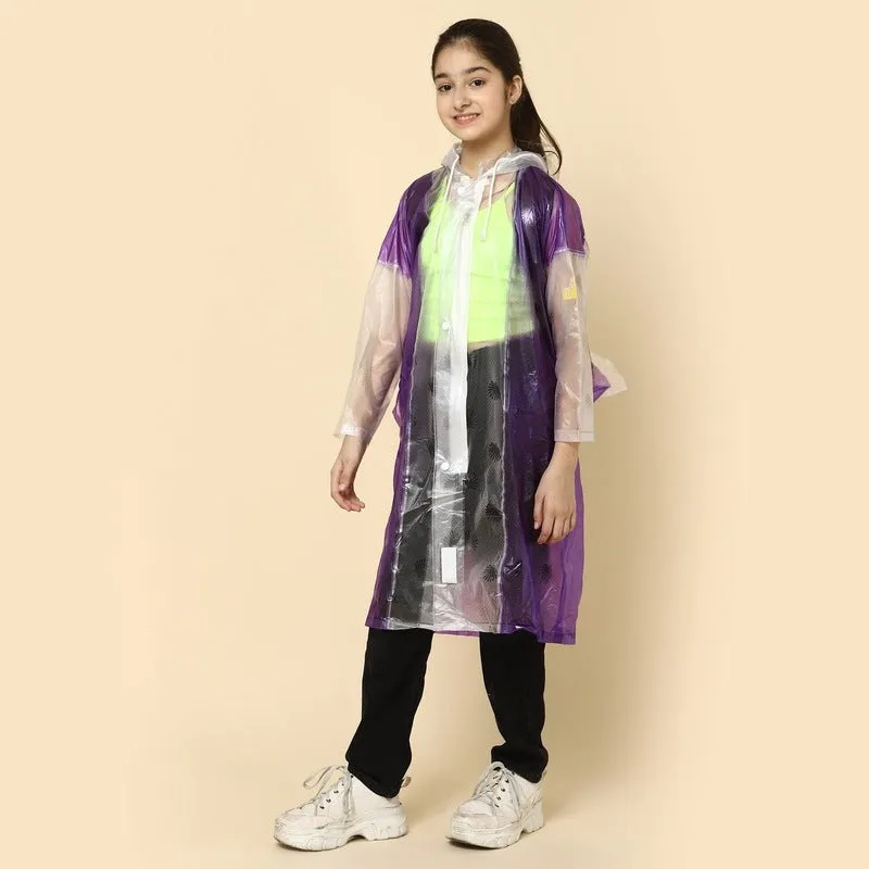 THE CLOWNFISH Laurel Series Kids Waterproof PVC Longcoat with Adjustable Hood & Extra Space for Backpack/Schoolbag Holding. Printed Plastic Pouch. Kid Age-12-13 years (Size-42-Purple)