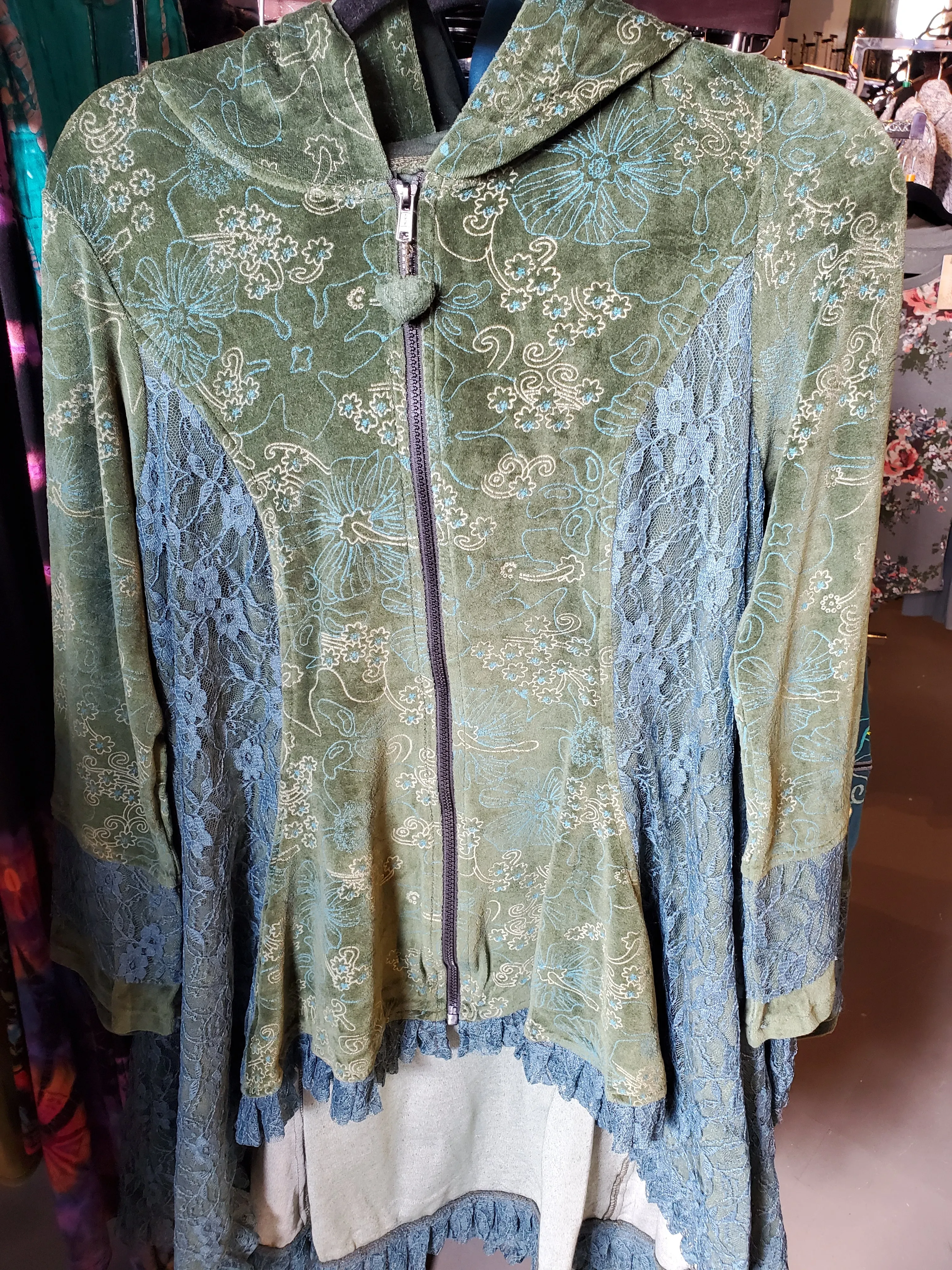 Velvet and Lace Length Victorian Tunic Jacket with Hood