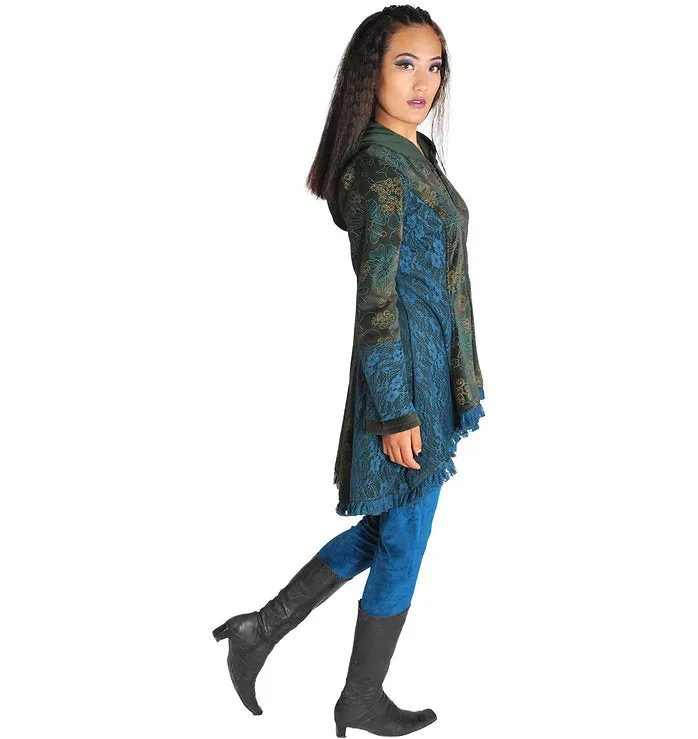 Velvet and Lace Length Victorian Tunic Jacket with Hood