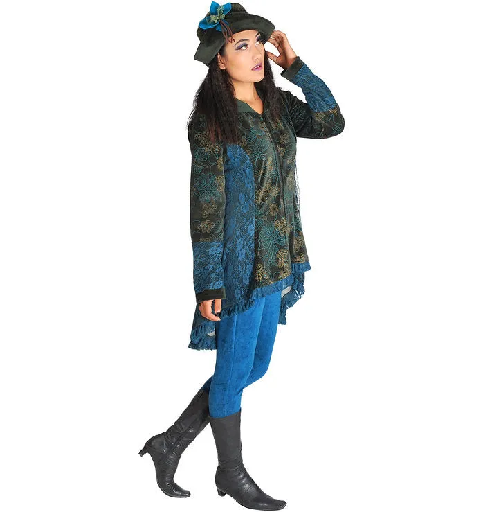 Velvet and Lace Length Victorian Tunic Jacket with Hood