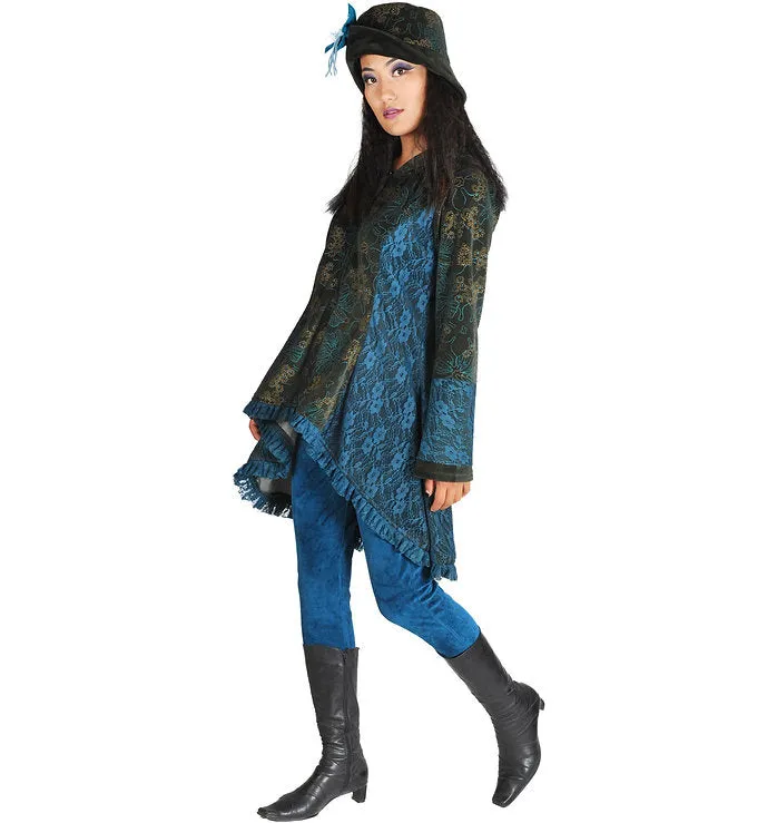 Velvet and Lace Length Victorian Tunic Jacket with Hood