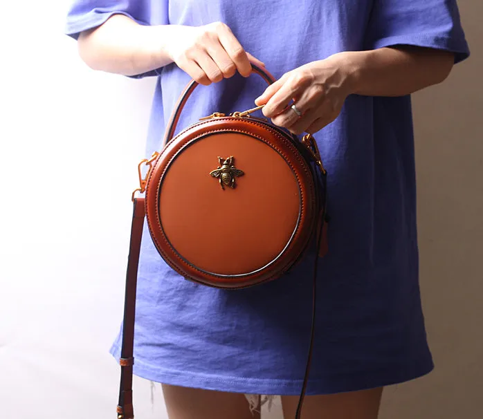 Vintage Ladies Round Leather Purse Small Shoulder Handbags For Women